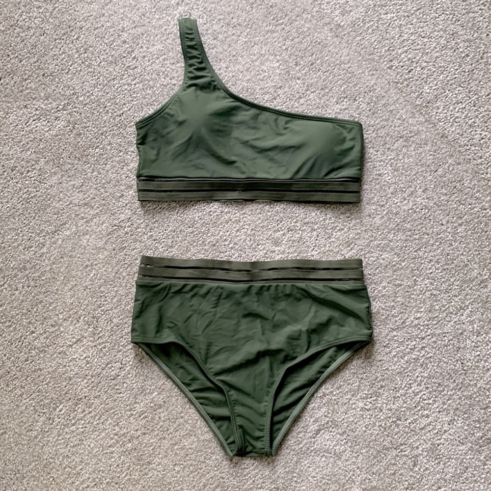 Shein bikini full coverage bottom with illusion trim one shoulder top